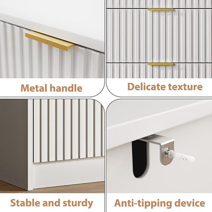 White 7 Drawer Dresser for Bedroom, Modern Fluted Dresser with Gold Metal Handles, Wide Chest of Drawers for Bedroom,Living Room, Entryway, Hallway, 55.9" L x 15.7" D x 31.4" H