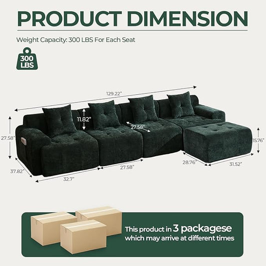 129.23”Modular Sectional Couch for Living Room, Modren L-Shape Cloud Sectional 4-Seater Sofa with 2 Movable Ottomans, Woven Texture Upholstery Boneless Couch, No Assembly, Green