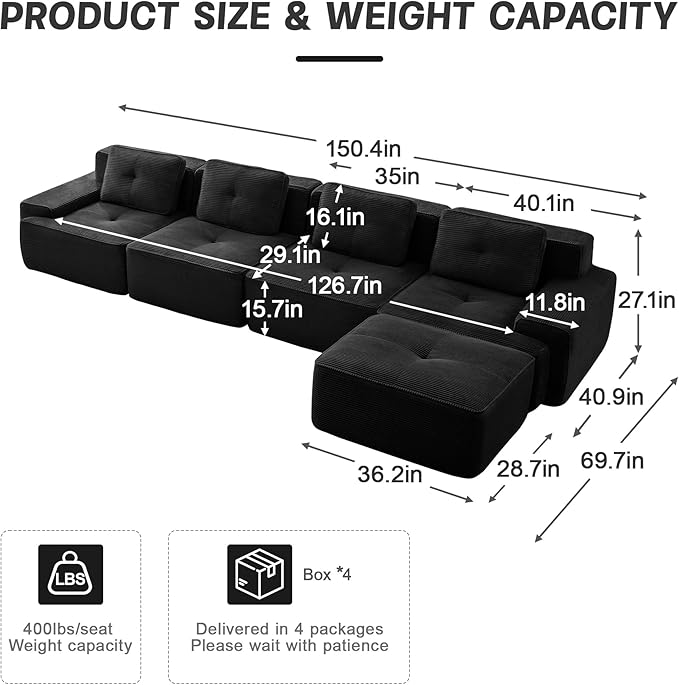 150.4” Black Boneless Couches for Living Room, Modular Sectional Sofa with L-Shape Chaise, 4 Seater Comfy Upholstered Deep Seat Corduroy Fabric Cloud Couch No Assembly, Anti-Slip Design