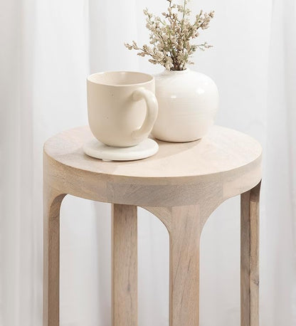 Kate and Laurel Dahl Wooden Round Drink Table; 12 x 23; Whitewash; Transitional Boho Circle Wood Accent Pedestal Table for Living Room Plant Stand or Small Bedroom Nightstand