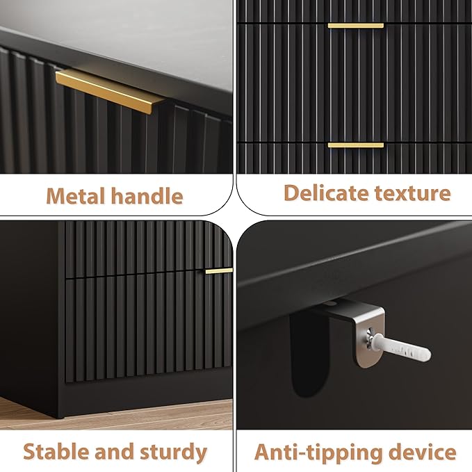 Black Fluted Dresser for Bedroom, 32 Inch Wide Nightstand with Large Drawer, 3 Drawer End Table for Bedroom, Living Rooms, Offices, and Entryways