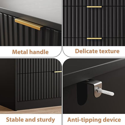 3-Piece Dresser Bedroom Set, 7 Drawer Dresser & 3 Drawer Nightstands with Gold Handles, Fluted Wood Chest of Drawers for Bedroom, Living Room, Entryway, Black
