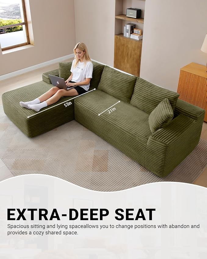 108 Inch Cloud Sectional Couch,Modern Modular Sectional Sofa with Deep Seat,Corduroy Boneless Couches with L-Shape Chaise for Living Room,No Assembly Required (Green, Left Facing Chaise)