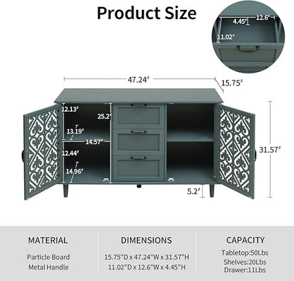 Sideboard Buffet Credenza - Modern 2 Door 3 Drawer Cabinet with Storage, Accent Cabinet with Carved Pattern, Farmhouse Wood for Living and Dining Area (Green)