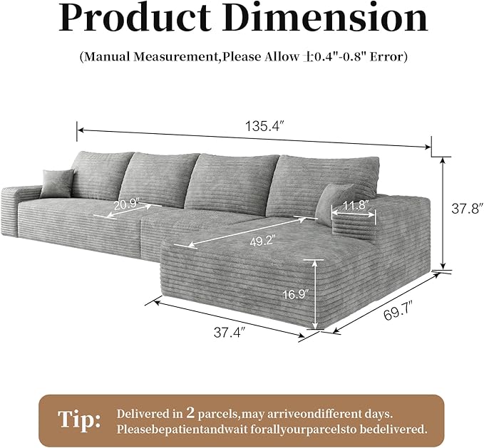 135.4" Large Cloud Modular Sectional Sofa with L-Shape Chaise, Deep Seat Upholstered Couches for Living Room, No Assembly Required, Corduroy Pet-Friendly Fabric (Grey, Right Facing Chaise)