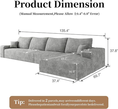 135.4" Large Cloud Modular Sectional Sofa with L-Shape Chaise, Deep Seat Upholstered Couches for Living Room, No Assembly Required, Corduroy Pet-Friendly Fabric (Grey, Right Facing Chaise)