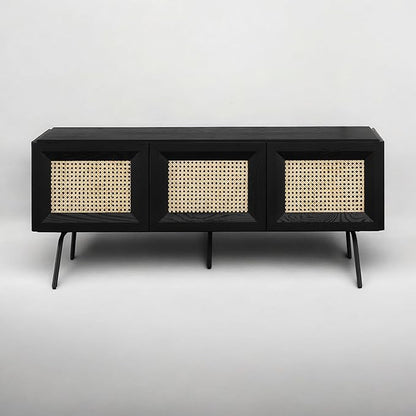 NTC Mossic TV Media Cabinet with 3 Doors for TVs, Entertainment Center with Natural Rattan, Metal Legs, Modern Storage Console for Living Room and Bedroom, Effortless Assembly, Burnt Black