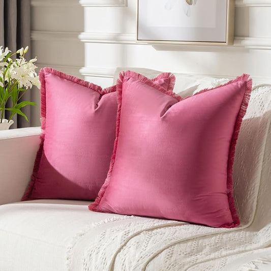 FUTEI Hot Pink Velvet Decorative Throw Pillow Covers 16x16 Set of 2,Soft Cozy Edge with Tassels Cushion Case,Boho Modern Home Decor for Couch Bed Living Room