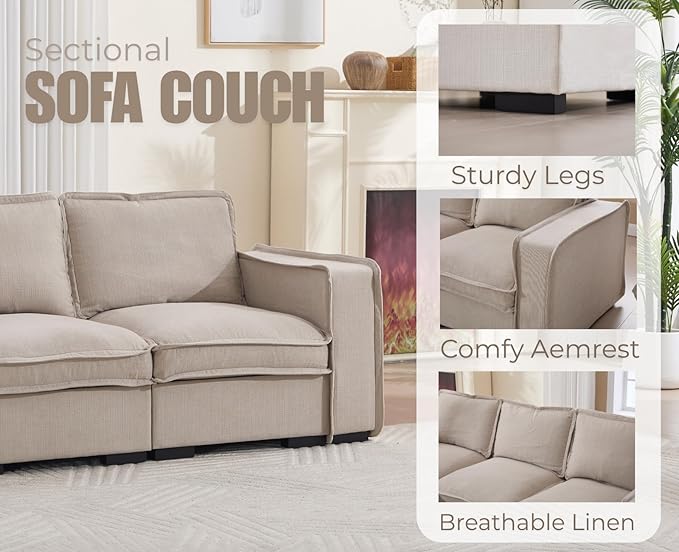 EALSON 119" Modular Sectional Sofa Comfy Cloud Couch with Ottoman Modern Convertible L Shape Couches with Wooden Legs Linen Deep Seat Couch 4-Seater Sofa with Ottoman for Living Room/Apartment,Oatmeal