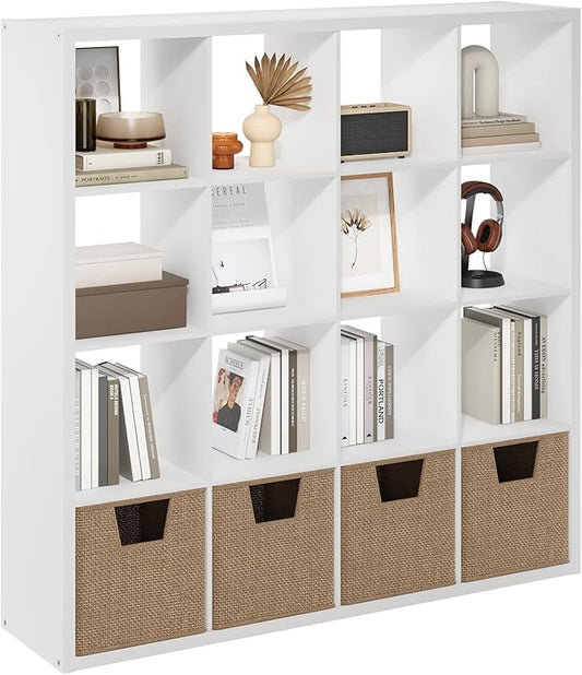 Furinno Cubicle Book Shelf, 16-Cube Thick Frame Bookshelf, Reversible Bookcase with Open Back, 14.6 x 57.8 x 58, for Living Room, Bedroom, Home Office, White