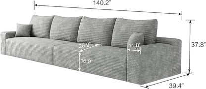 140.2" Cloud Modular Gray Sofa, 4-Seater Upholstered Couches for Living Room, Modern Minimalist Deep Seat Boneless Couch, No Assembly Required, Plush Corduroy Fabric