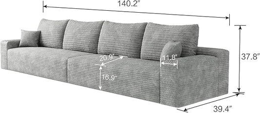 140.2" Cloud Modular Gray Sofa, 4-Seater Upholstered Couches for Living Room, Modern Minimalist Deep Seat Boneless Couch, No Assembly Required, Plush Corduroy Fabric