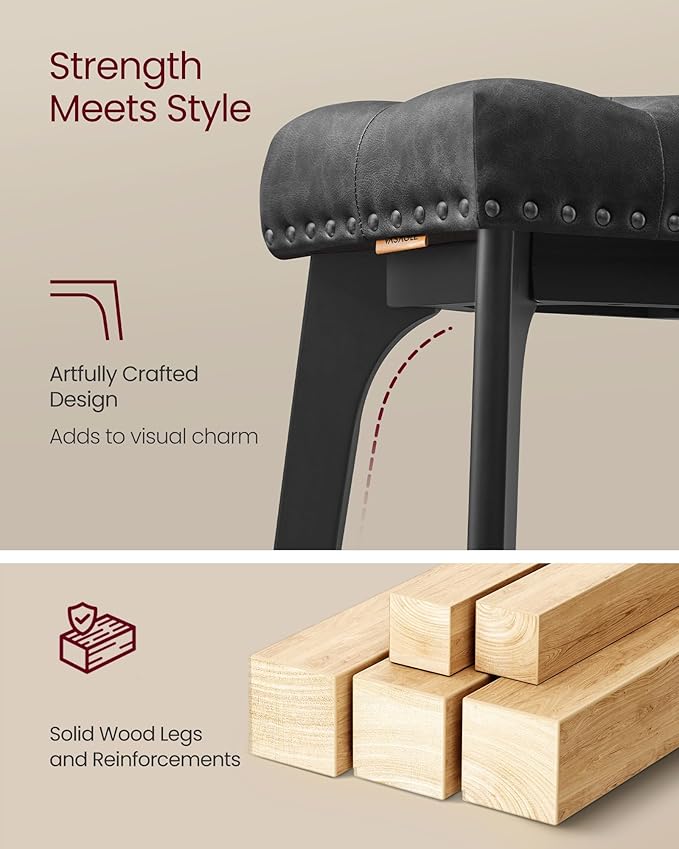 VASAGLE Bar Stools Set of 4, Saddle Counter Height Bar Stools, 26-Inch Backless Kitchen Stools with Wood Legs, PU Leather Thickened Upholstered Barstools for Kitchen Island Dining Room, Ink Black