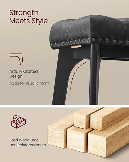 VASAGLE Bar Stools Set of 4, Saddle Counter Height Bar Stools, 26-Inch Backless Kitchen Stools with Wood Legs, PU Leather Thickened Upholstered Barstools for Kitchen Island Dining Room, Ink Black