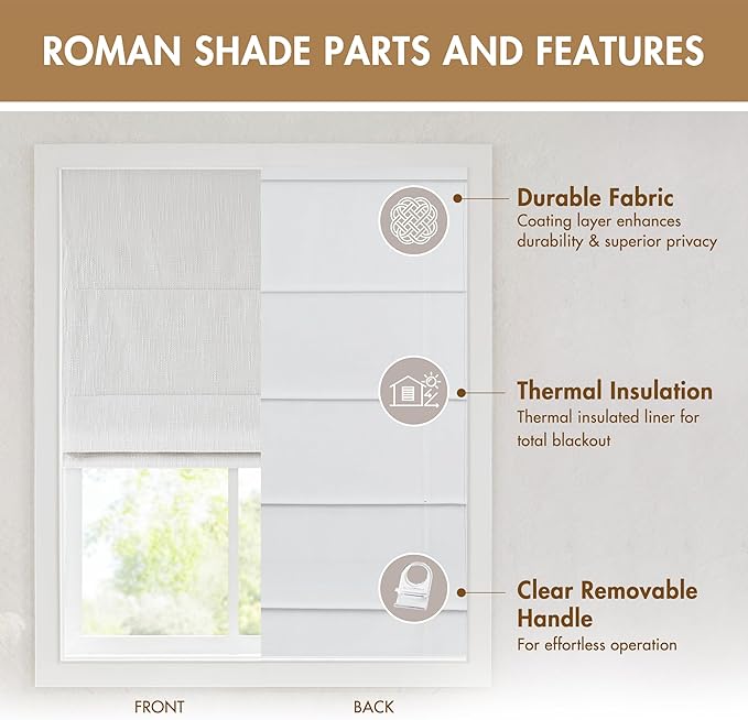 Madison Park Cordless Roman Shades, Total Blackout Window Blind Privacy Window Shades, Thermal Insulated Cordless Window Treatment for Bedroom, Living Room, Quincy, Single Panel 27" W X 64" H White
