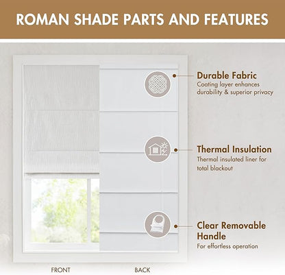 Madison Park Cordless Roman Shades, Total Blackout Window Blind Privacy Window Shades, Thermal Insulated Cordless Window Treatment for Bedroom, Living Room, Quincy, Single Panel 34" W X 64" H White