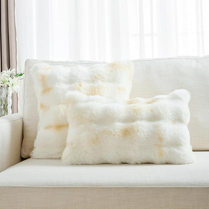 FUTEI Yellow White Decorative Throw Pillow Covers 20x20 Inch Set of 2,Soft Fuzzy Faux Rabbit Fur Cushion Covers with Raised Texture,Neutral Boho Home Decor for Couch Bed Living Room