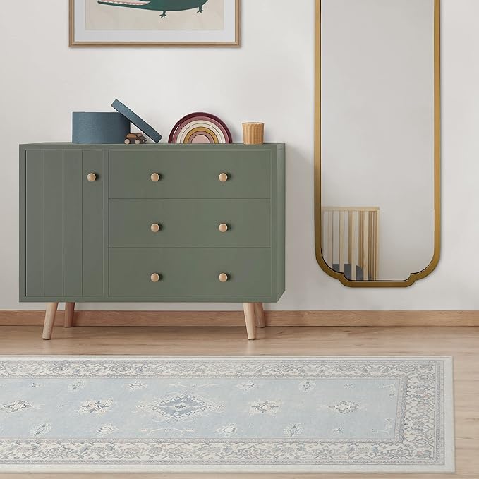 RUGGABLE Washable Vintage Area Rug – Verena Soft Blue 10x14, Stain-Resistant, Non-Slip – Large Machine Washable Rugs for Living Room, Bedroom, Hallway, Entryway & Office–with Standard Pad