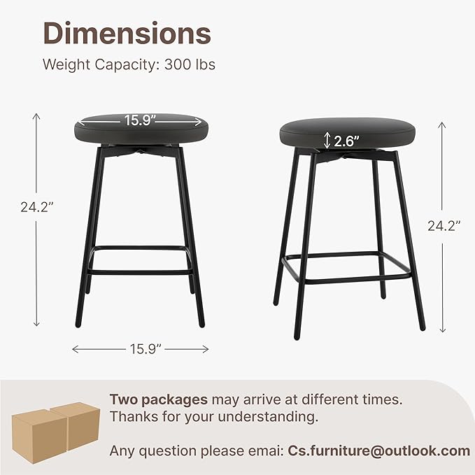 Swivel Bar Stools Set of 2, 24" Counter Height Bar Stool, Backless Barstools with Faux Leather Upholstered Seat&Sturdy Wood Legs for Kitchen Island, Black