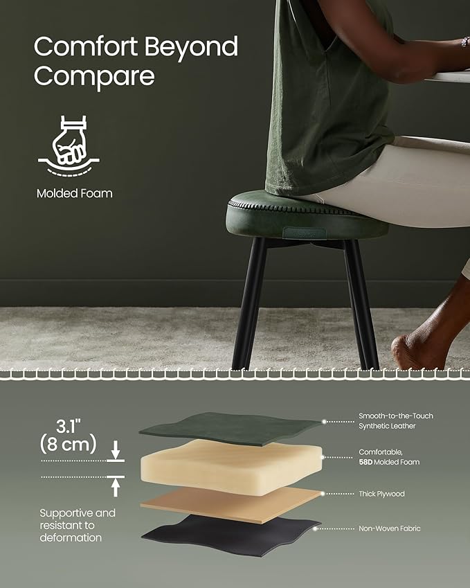 VASAGLE EKHO Collection - Dining Chairs Stools Set of 4, Upholstered Kitchen Chairs, Vanity Stools, Synthetic Leather with Stitching, Mid-Century Modern, 19-Inch Tall, Easy Assembly, Forest Green