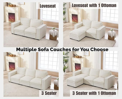 EALSON 119" Modular Sectional Sofa Modern Comfy 4-Seater Couch Sofa Linen Fabric Upholstered Cloud Couches with 24" Deep Seat and Wooden Legs for Bedroom/Living Room/Office, White
