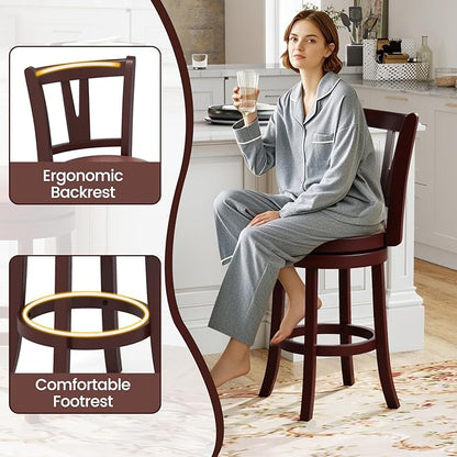 COSTWAY Barstools Set of 4, Faux Leather Upholstered Bar Stools with High Backs and Footrests, Armless Kitchen Island Dining Chairs with Solid Wood Legs, Cappuccino (4, 26'' Seat Height)