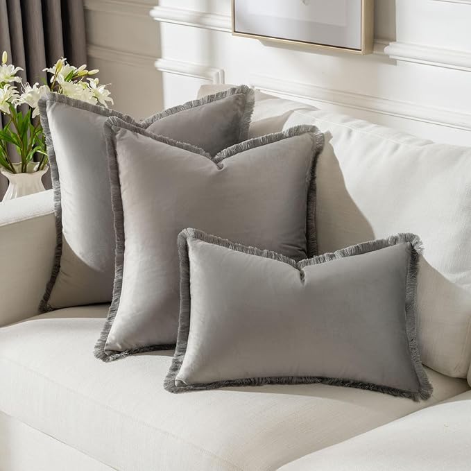 FUTEI Grey Velvet Decorative Throw Pillow Covers 16x16 Set of 2,Soft Cozy Edge with Tassels Cushion Case,Boho Modern Home Decor for Couch Bed Living Room