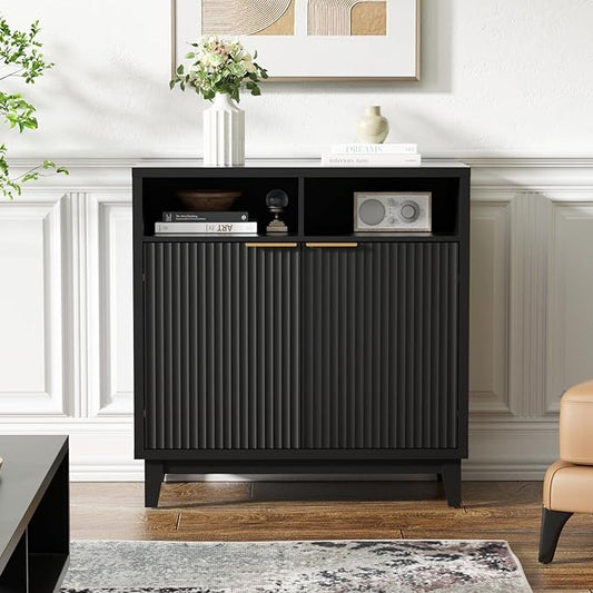 Buffet Cabinet with Storage - Elegant Fluted Storage Cabinet with Adjustable Shelves and Solid Wood Leg, Modern Buffet Sideboard for Living Room, Dining Room, Entryway