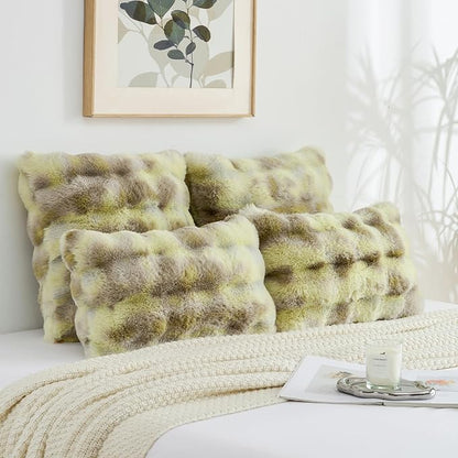 FUTEI Green White Decorative Throw Pillow Covers 12x20 Inch Set of 2,Soft Fuzzy Faux Rabbit Fur Pillow Case with Raised Texture,Neutral Boho Home Decor for Couch Bed Living Room
