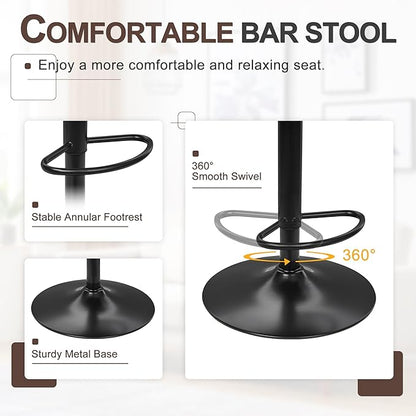 VECELO Bar Stools Set of 2, Adjustable Upholstered Swivel Barstools, Modern Counter Height Bar Stools with Back and Footrest, Island Chairs for Kitchen, Dining Room, Bar