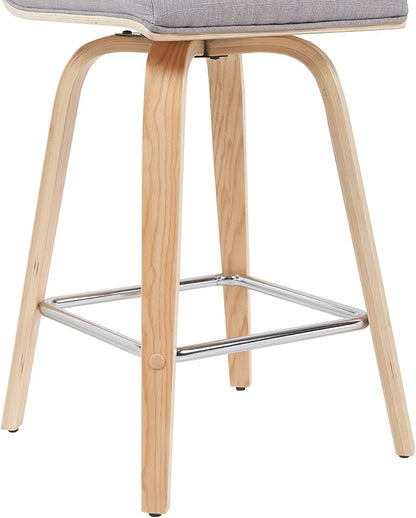 Vienna Modern Counter Height Swivel Bar Stool with Grey Upholstered Seat and Patterned Oak Wood Frame Set of 2