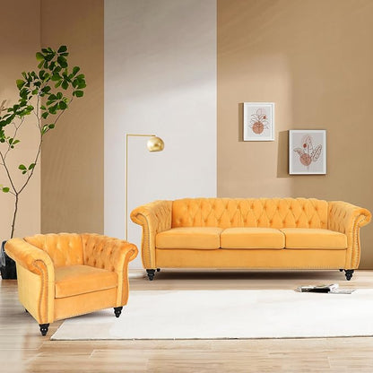 Velvet Sofa Couches Set, 3-Piece Mid Century Modern Upholstered Couch with Cushions, Home Sofa Sectional Furniture Sets, Comfy Tufted Chesterfield Couches for Living Room, Bedroom, Office
