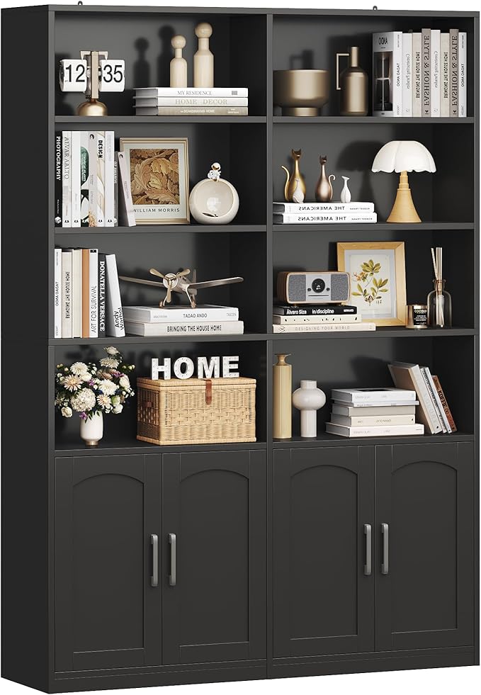 FACBOTALL Bookshelf and Bookcase with Doors, 6 Tier Double Wide Large Bookshelves, Open Display Shelves, 73'' Tall Bookshelf with Storage Cabinets for Home Office, Living Room, Library, Black