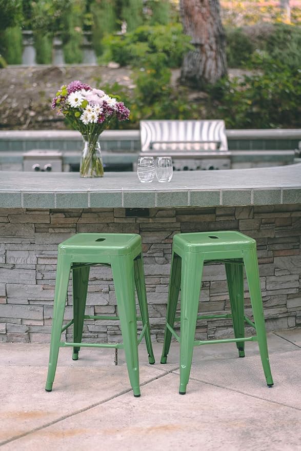 Vogue Furniture Direct 24 Inch Metal Bar Stools, Backless Counter Height Barstools, Indoor Outdoor Stackable Stools with Square Seat, Set of 4 (Green)