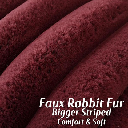 FUTEI Christmas Burgundy Decorative Throw Pillow Covers 16x16 Inch Set of 2, Square Soft Faux Rabbit Fur Thick Striped Cushion Cover,Winter Home Decor for Couch Bed Living Room