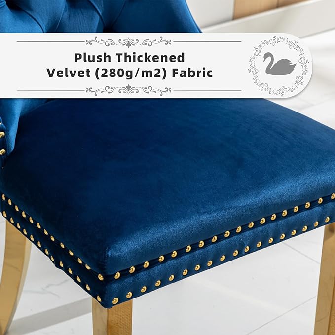 Velvet Upholstered Dining Chairs Set of 4, Modern Style Kitchen Side Chairs with Nailhead Trim and Gold Plated Leg, Metal Pulling Ring for Dining Room Living Room(Blue-Gold Plated Leg)