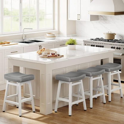 Counter Height Bar Stools Set of 3, 24 Inch Barstools for Kitchen Counter, Kitchen Stools with Bonded Leather Saddle Seats & Heavy Duty Metal Legs, Easy Assembly, Gray/White