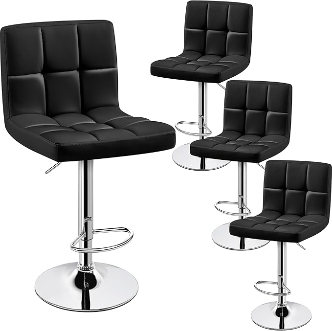 Yaheetech Bar Stools Set of 4, PU Leather Swivel Barstools, Height Adjustable Counter Chairs, Modern Stools with Back for Bar Kitchen Island Dining Room, Black