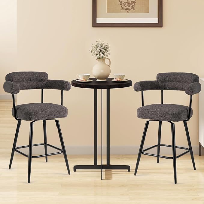 COSTWAY Counter Height Bar Stools Set of 4, 27" Swivel Modern Upholstered Counter Chairs with Boucle Fabric, Curved Backrests & Metal Legs, for Kitchen Island, Home, Pub (4, Grey + Black)