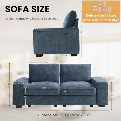 TEKAMON 73" Modular Sofa Couch with Seat Storage, Comfy 2-Seater Chenille Fabric Loveseat Sofa for Living Room, Office, Apartment W/Deep Seat, Wide Armrest,Pockets, USB Charging Removable Cover(Blue)