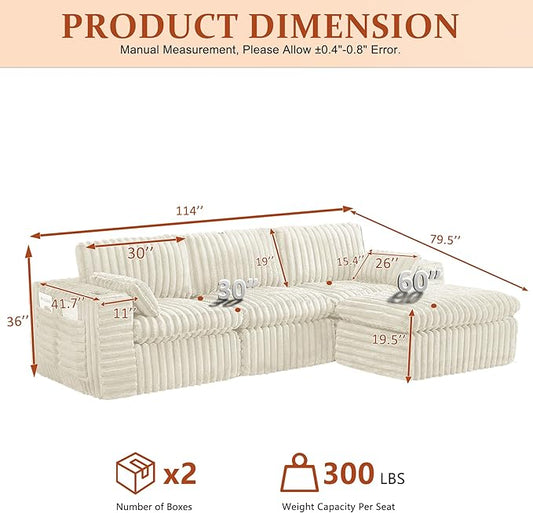 114" Cloud Boneless Sectional Couches for Living Room, Modular Sectional Sofa with Cup Holder, Cozy Fluffy L Shaped Deep Seat Boneless Couch with Storage Pocket, No Assembly Required, Beige