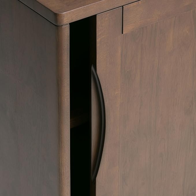 SIMPLIHOME Harper SOLID WOOD 30 inch Wide Mid Century Modern Low Storage Cabinet in Walnut Brown, with Large Space Behind 2 Sliding Notched Handle Doors with 2 Adjustable Shelves