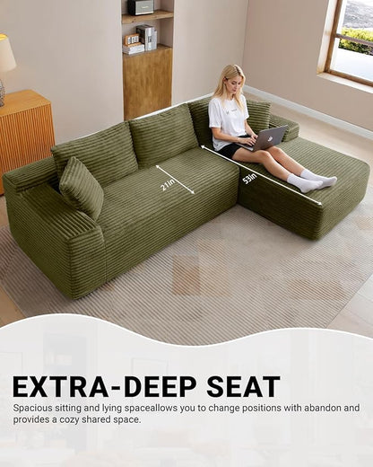 108 Inch Cloud Sectional Couch,Modern Modular Sectional Sofa with Deep Seat,Corduroy Boneless Couches with L-Shape Chaise for Living Room,No Assembly Required (Green, Right Facing Chaise)