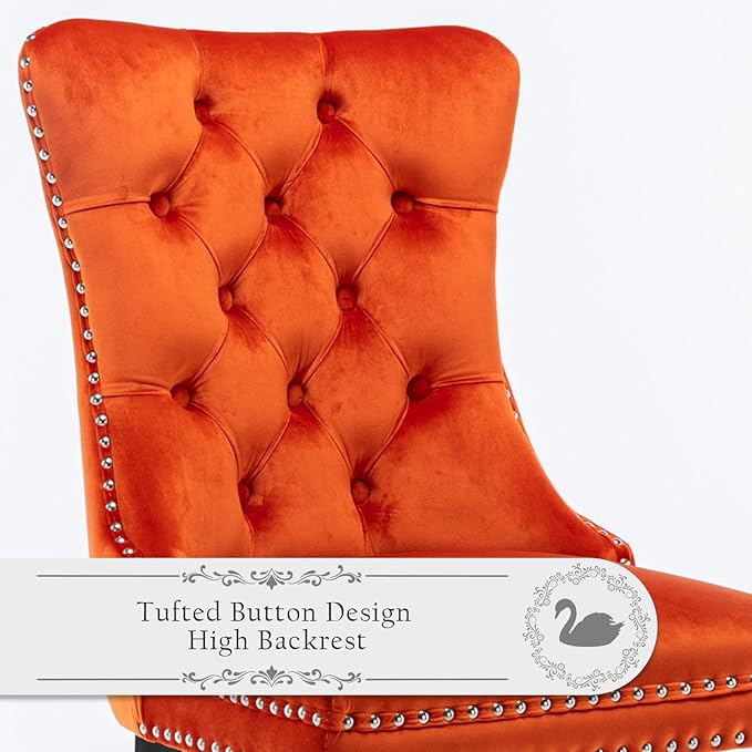 Velvet Upholstered Dining Chairs Set of 6, Modern Style Kitchen Side Chairs with Nailhead Trim and Wood Legs,Metal Pulling Ring for Dining Room Living Room(Orange,Set of 6)