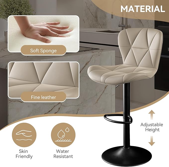 Bar Stools Set of 2,Adjustable Swivel Barstools, Faux Leather Bar Chairs,Upholstered Counter Height with High Backrest for Kitchen Island,Khaki