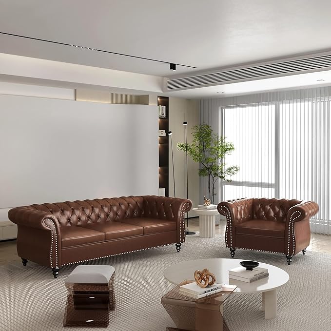 Chesterfield 3 Seater Sofa, Modern Leather Tufted Couch 3 Seater with Rolled Arms and Nailhead Mid-Century Upholstered Couch for Living Room, Bedroom, Apartment and Office, Brown