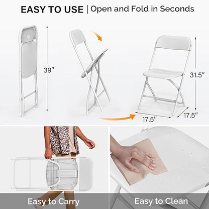 VINGLI 20 Pack White Plastic Folding Chair, Indoor Outdoor Portable Stackable Commercial Seat with Steel Frame 350lb. Capacity for Events Office Wedding Party Picnic Kitchen Dining