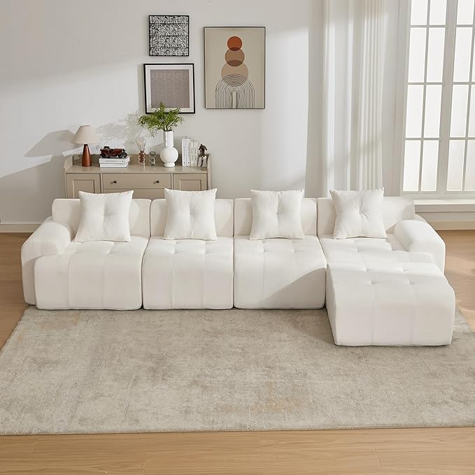 129.23”Modular Sectional Couch for Living Room, Modren L-Shape Cloud Sectional 4-Seater Sofa with 2 Movable Ottomans, Woven Texture Upholstery Boneless Couch, No Assembly, Beige