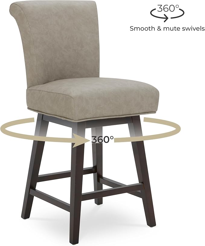 CHITA 26 Inch Counter Height Swivel Bar Stools Set of 3, FSC Certified Modern Upholstered Faux Leather Swivel Barstool Chair with Back, Stone Grey