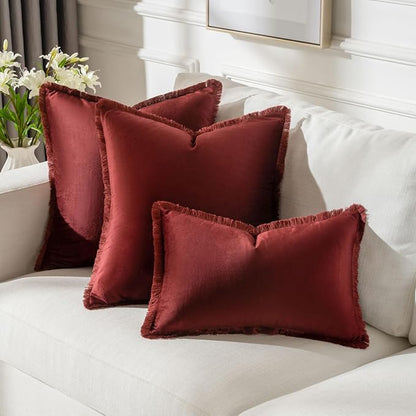 FUTEI Burgundy Velvet Decorative Throw Pillow Covers 20x20 Set of 2,Soft Cozy Edge with Tassels Cushion Case,Boho Modern Home Decor for Couch Bed Living Room